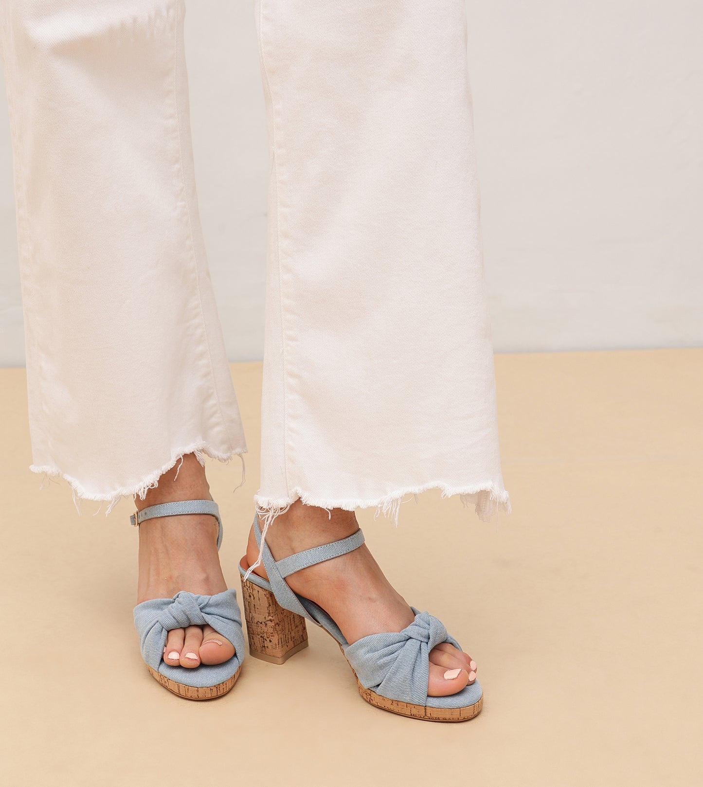 Denim Bow Detail Platform Heeled Sandals - Light Blue