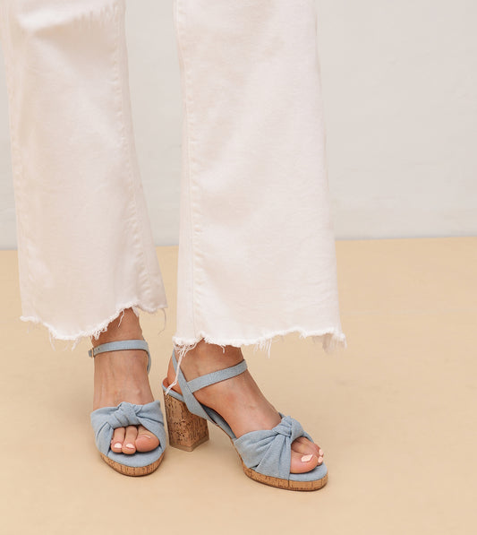 Denim Bow Detail Platform Heeled Sandals - Light Blue