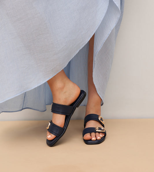 Double Strap Buckled Flat Sandals - Navy Blue