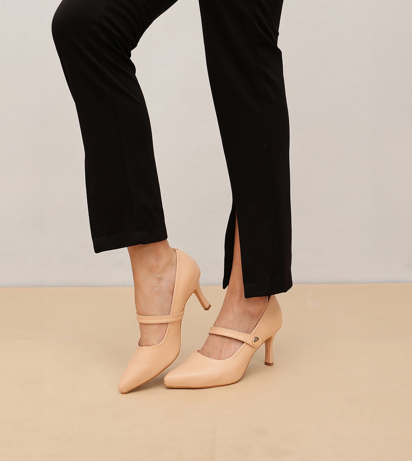 Pointed Toe Mary Jane Pumps - Peach