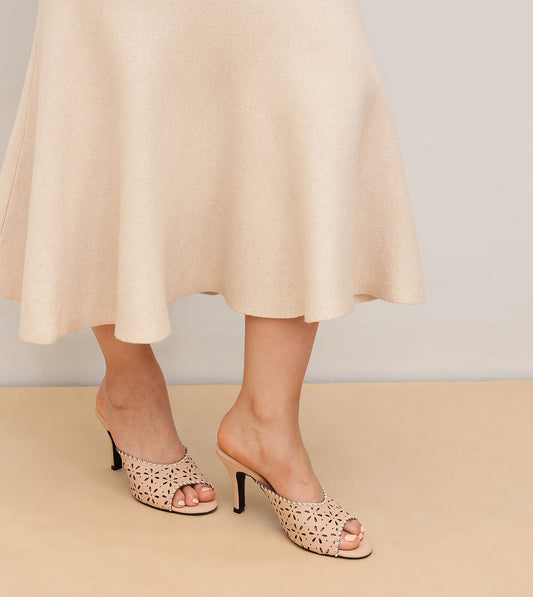 Laser Cutwork Stiletto Mules - Cream