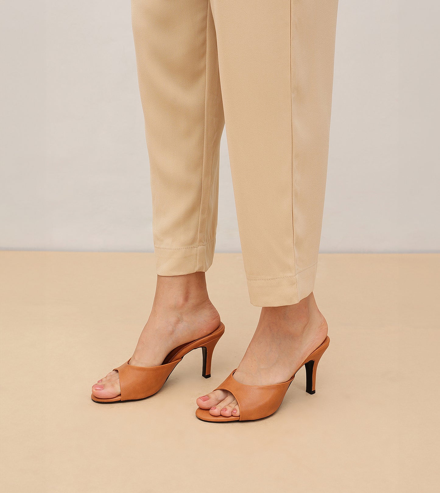 Almond Toe Stiletto Mules - Tan