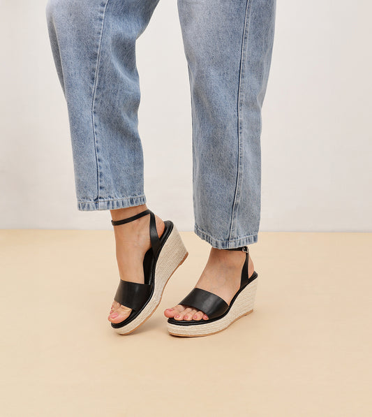 Ankle Strap Espadrille Wedges - Black