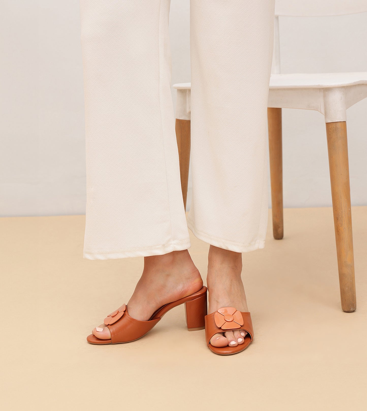 Floral Metallic Adornment Block Heeled Sandals - Tan