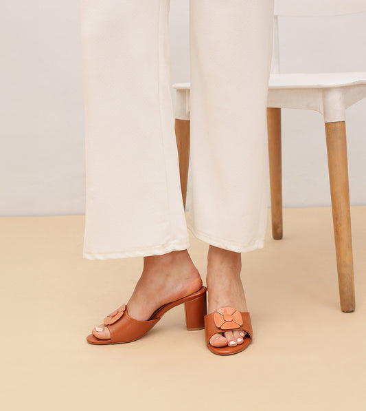 Floral Metallic Adornment Block Heeled Sandals - Tan