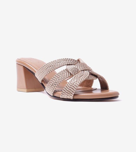 Braided Crossover Block Heels - Beige