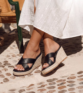 Cross Strap Metal Embellished Espadrille Wedges - Black