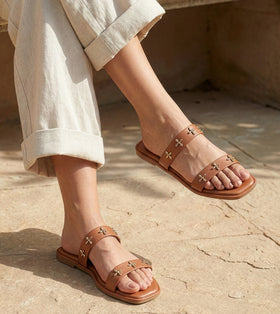 Double Strap Embellished Flat Sandals - Tan