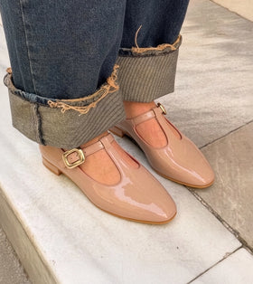 Classic Buckled Strap Mary Jane Flats - Nude