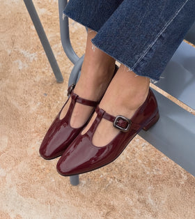 Classic Buckled Strap Mary Jane Flats - Wine