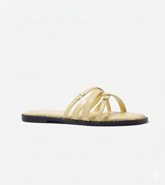 Multi-Strap Flats with Gold Accent - Butter Yellow