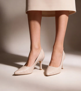 Patent Croc-Effect Print Pointed Toe Pumps - Cream