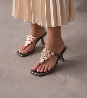 Embellished T-Strap Statement Heels - Metallic Green