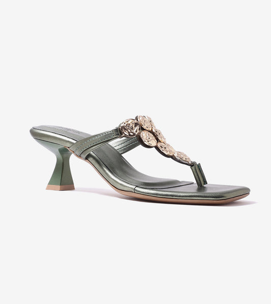 Embellished T-Strap Statement Heels - Metallic Green