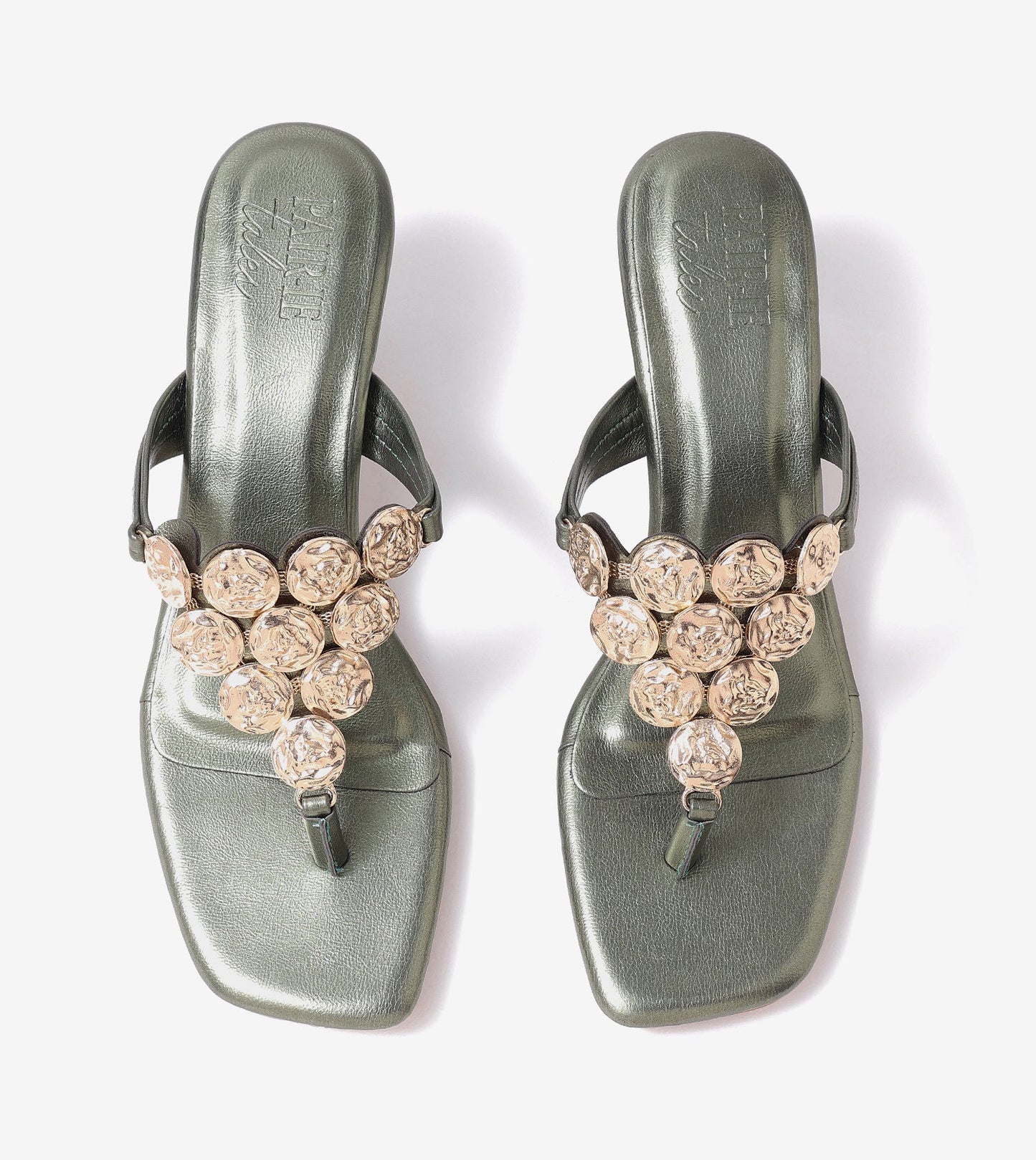 Embellished T-Strap Statement Heels - Metallic Green