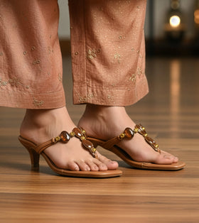 Beaded Heels Sandal - Tan
