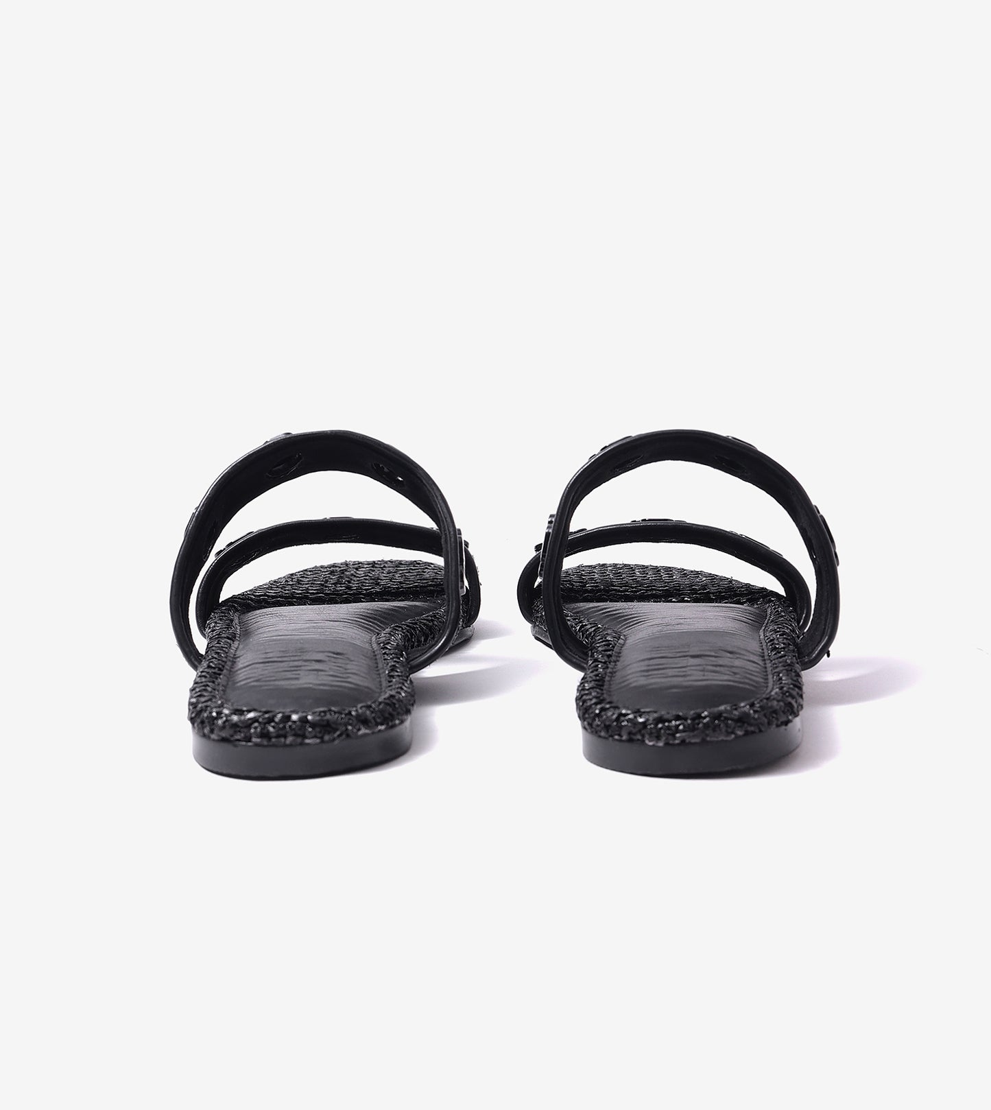 Double Strap Slide Sandals With Metal Adornment - Black