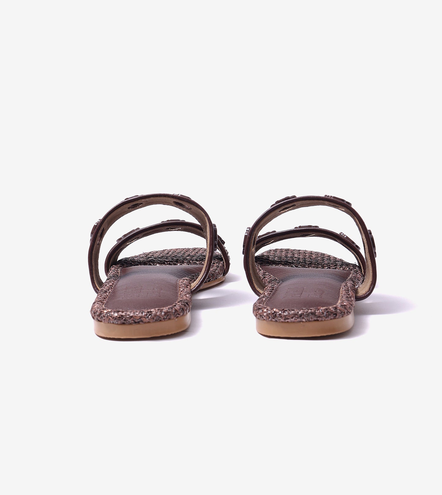 Double Strap Slide Sandals With Metal Adornment - Brown