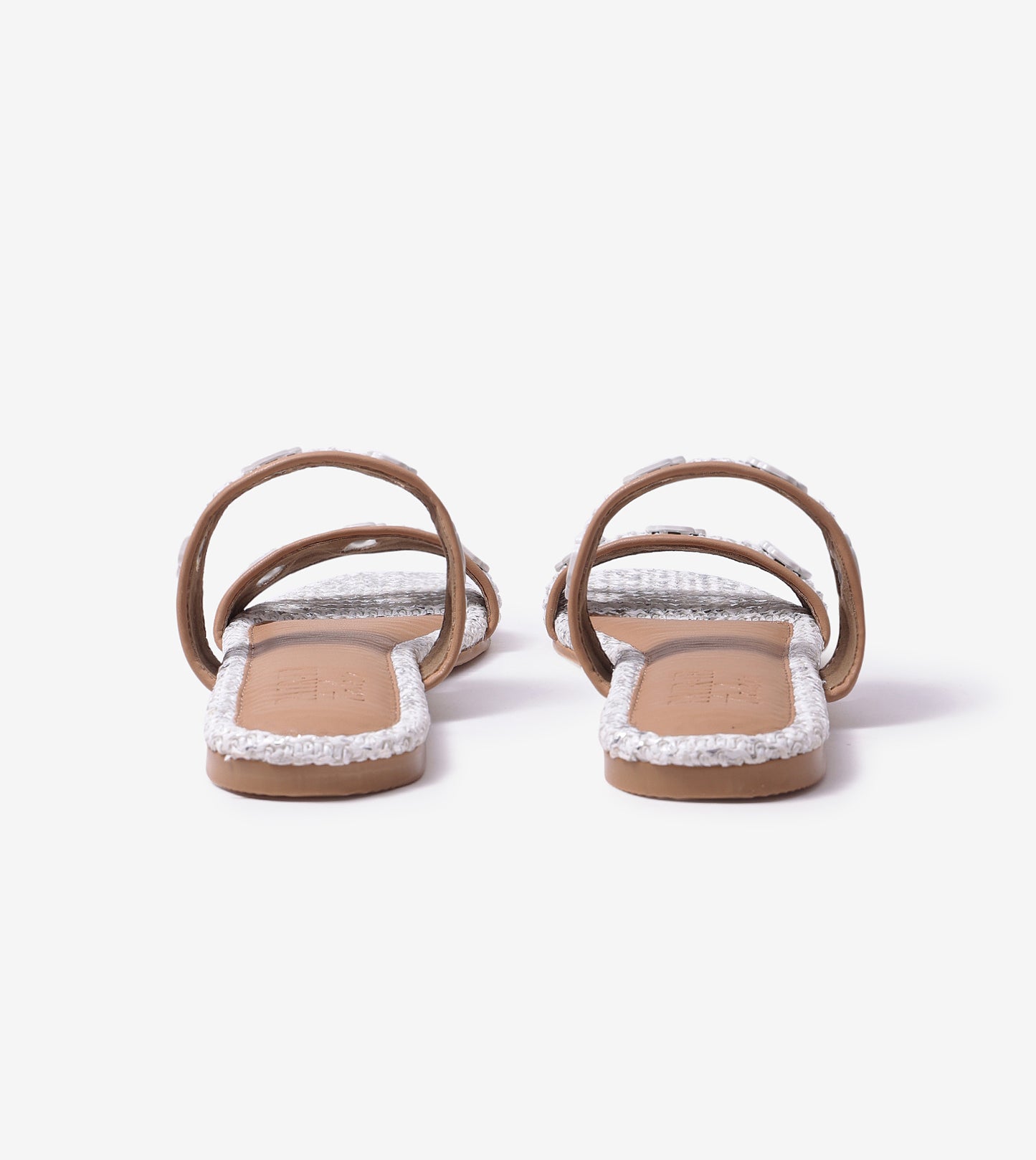 Double Strap Slide Sandals With Metal Adornment - White