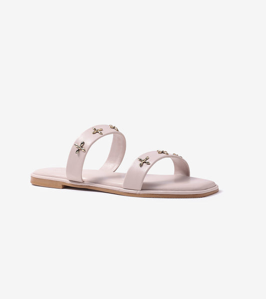 Double Strap Embellished Flat Sandals - Beige