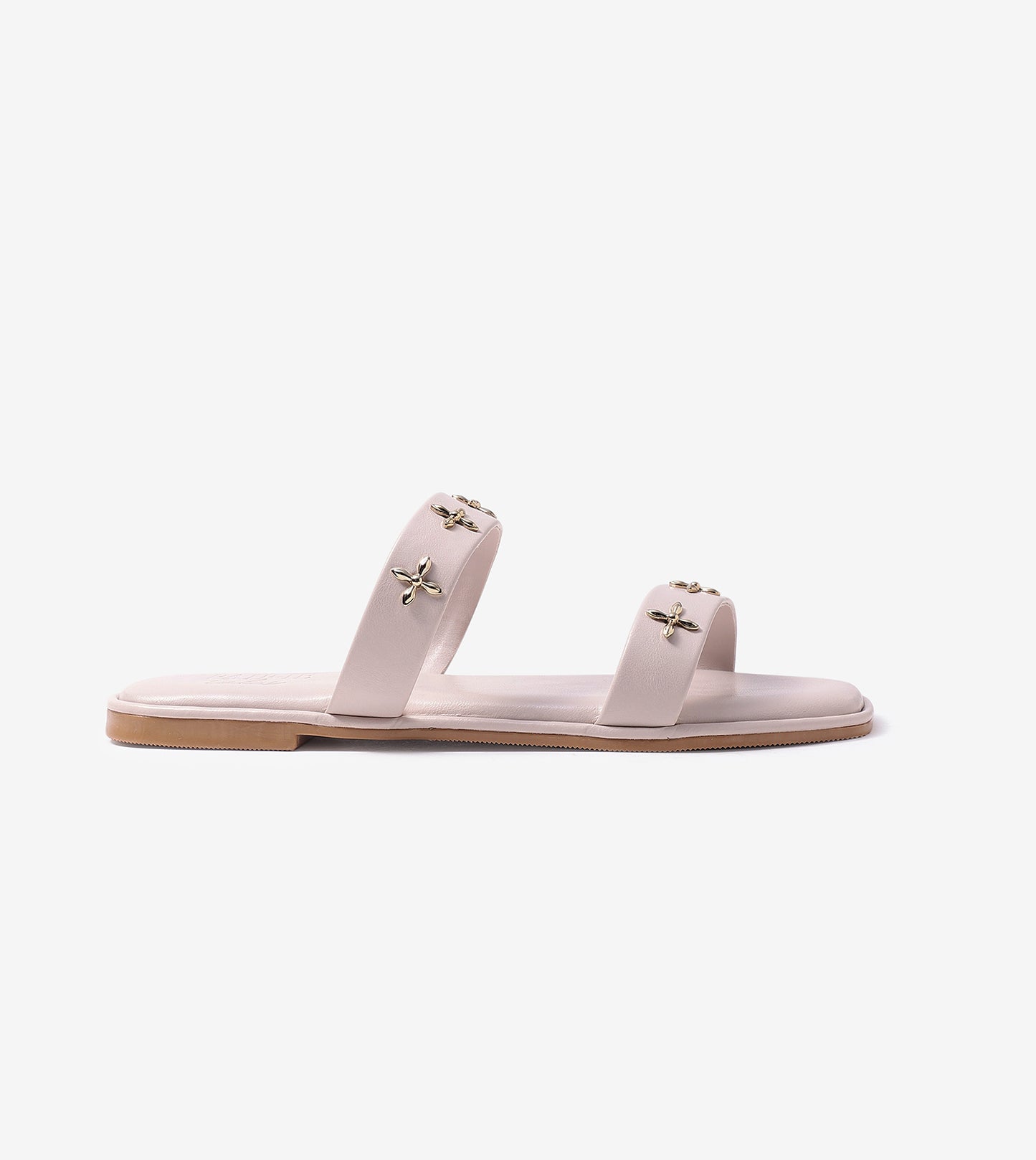 Double Strap Embellished Flat Sandals - Beige