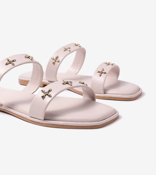 Double Strap Embellished Flat Sandals - Beige