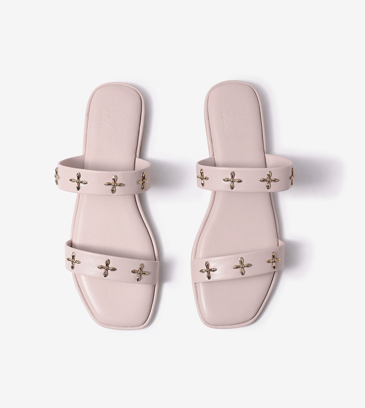 Double Strap Embellished Flat Sandals - Beige