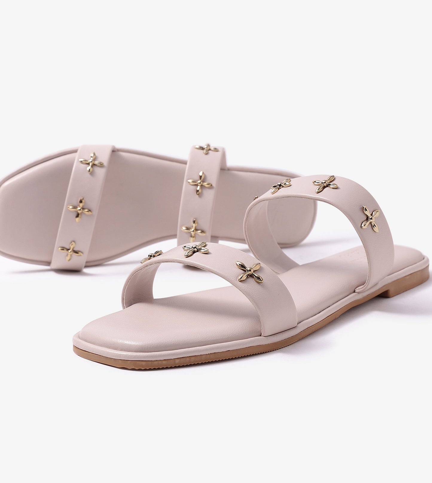 Double Strap Embellished Flat Sandals - Beige
