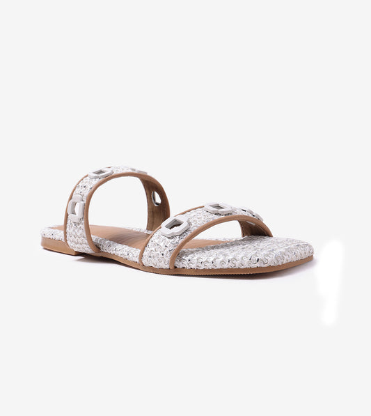 Double Strap Slide Sandals With Metal Adornment - White