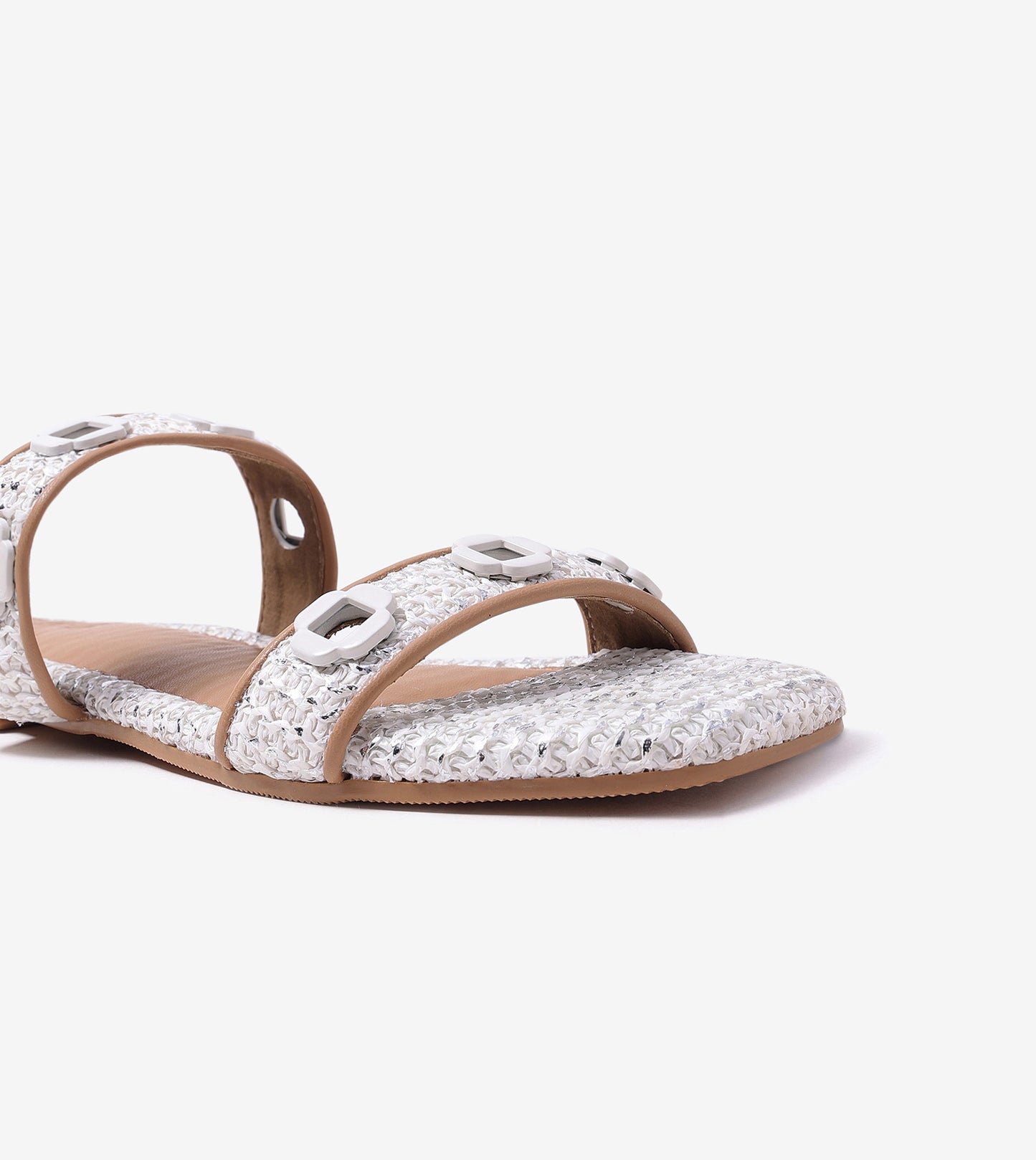 Double Strap Slide Sandals With Metal Adornment - White