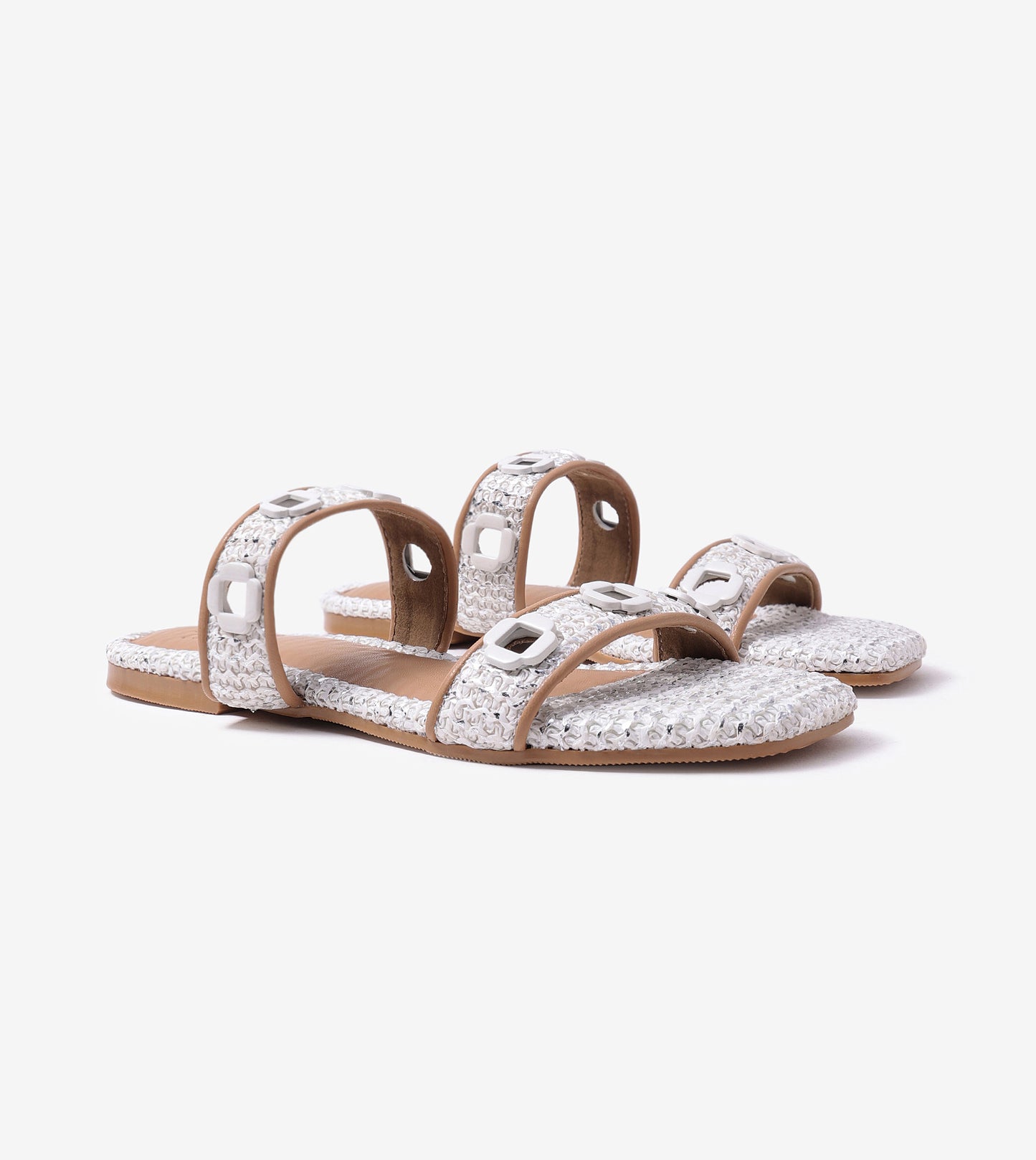 Double Strap Slide Sandals With Metal Adornment - White