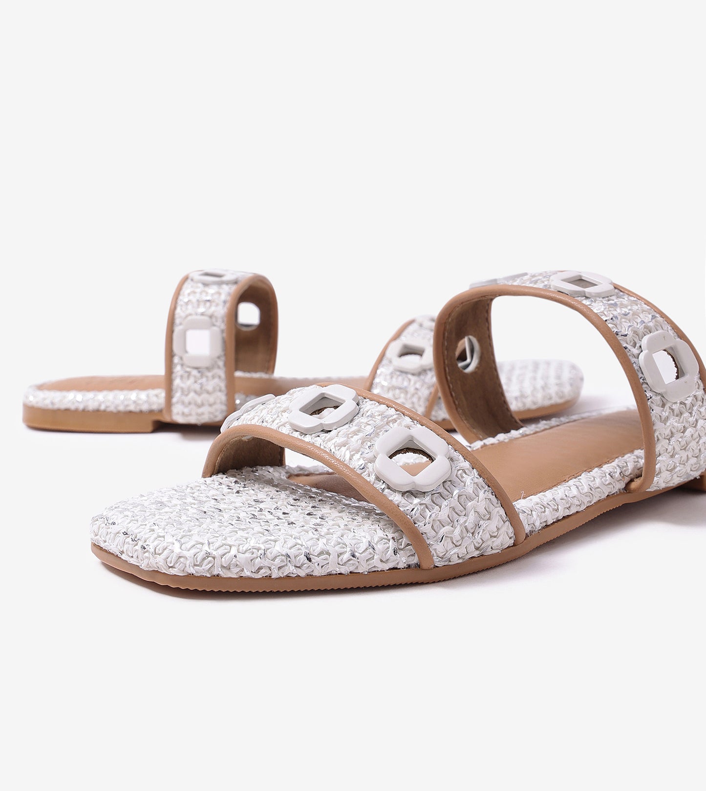 Double Strap Slide Sandals With Metal Adornment - White