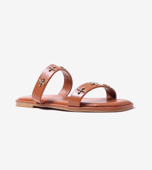 Double Strap Embellished Flat Sandals - Tan