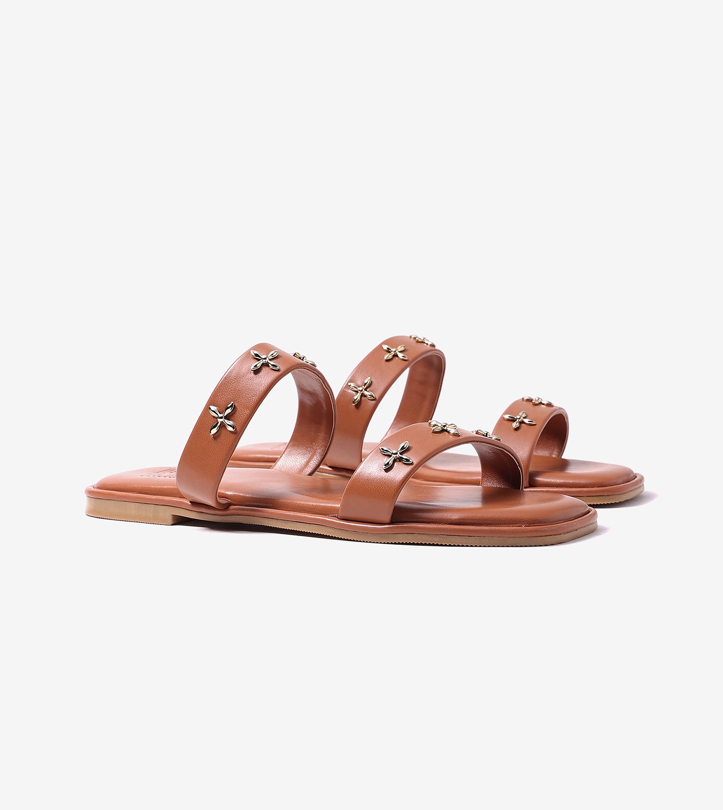 Double Strap Embellished Flat Sandals - Tan