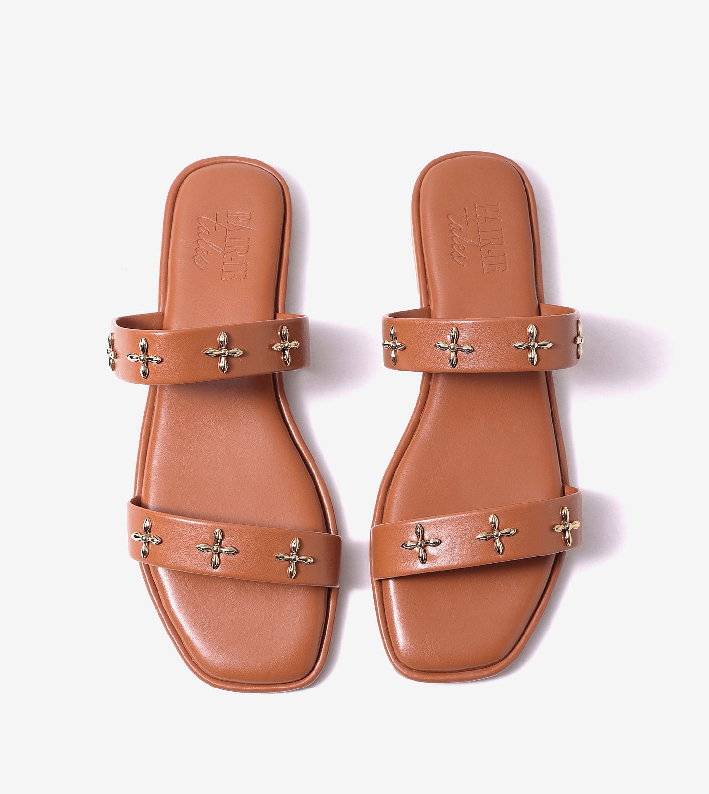 Double Strap Embellished Flat Sandals - Tan
