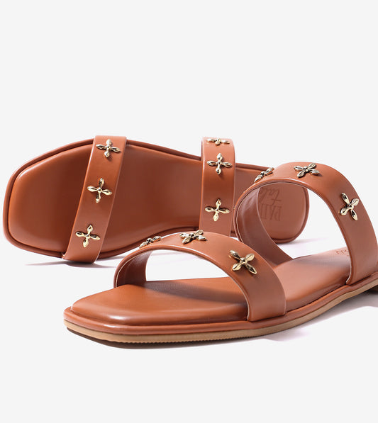 Double Strap Embellished Flat Sandals - Tan