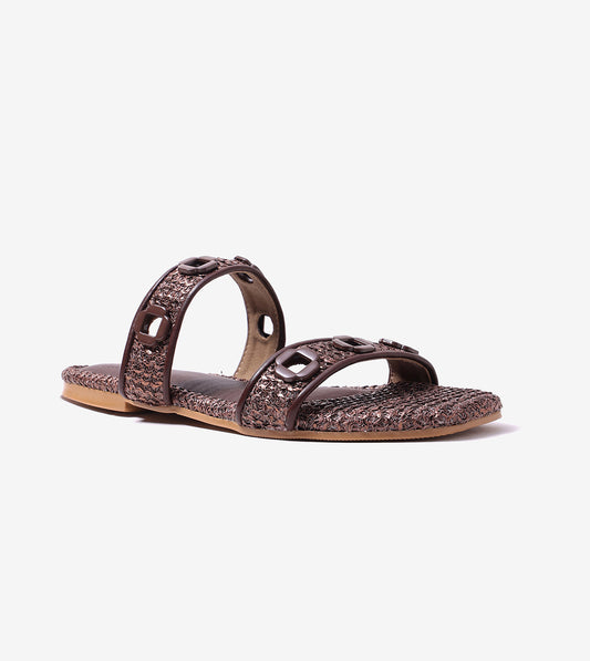 Double Strap Slide Sandals With Metal Adornment - Brown