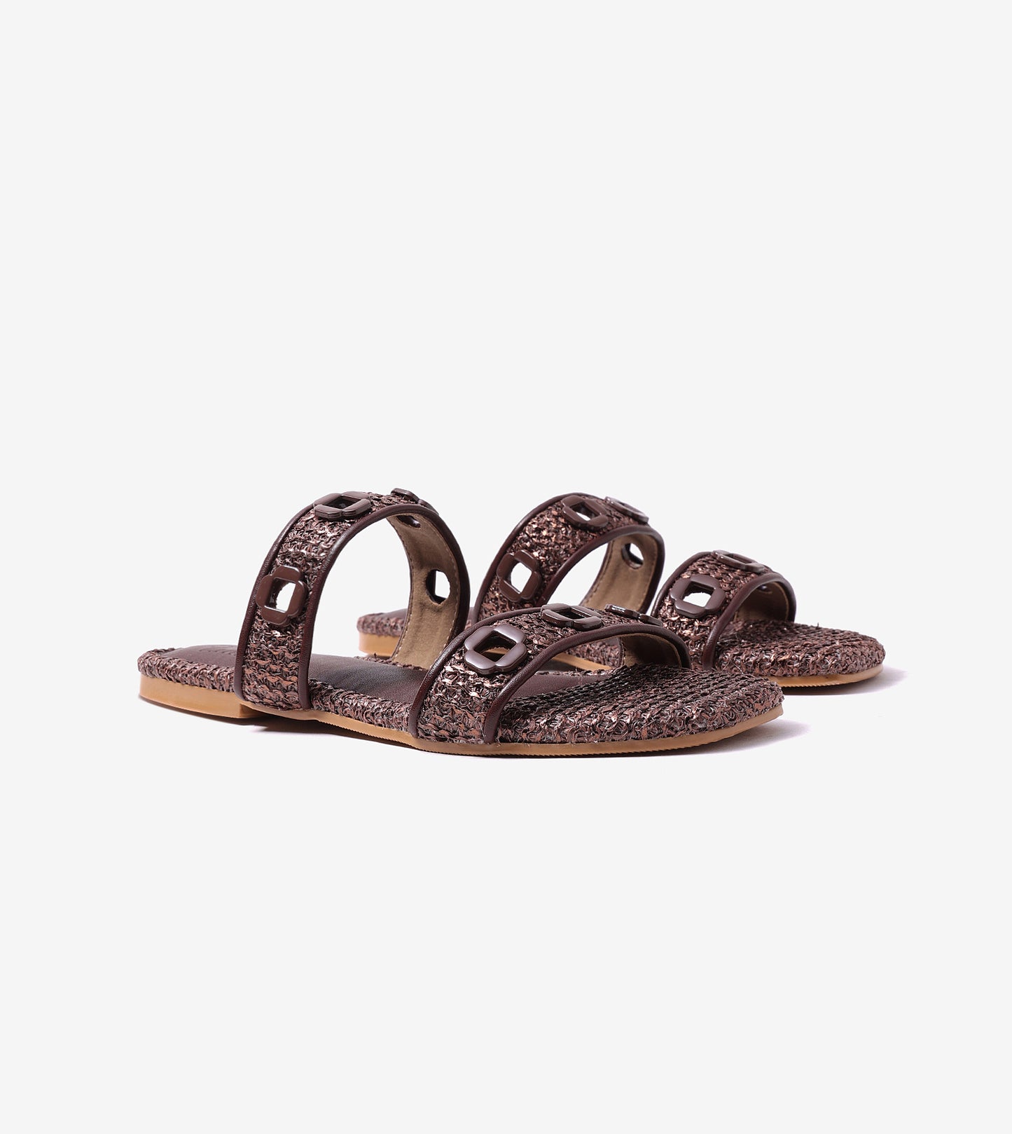 Double Strap Slide Sandals With Metal Adornment - Tan