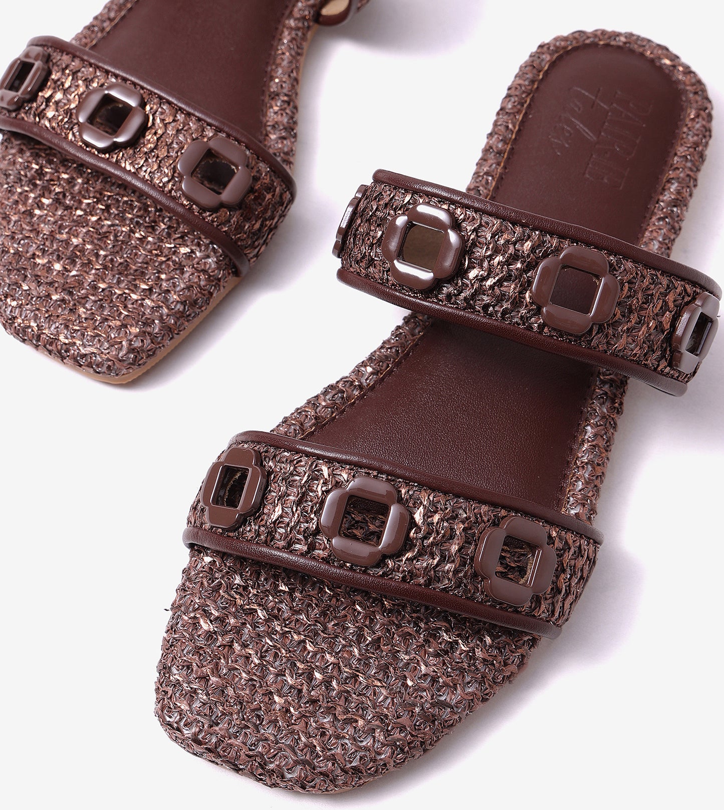 Double Strap Slide Sandals With Metal Adornment - Tan