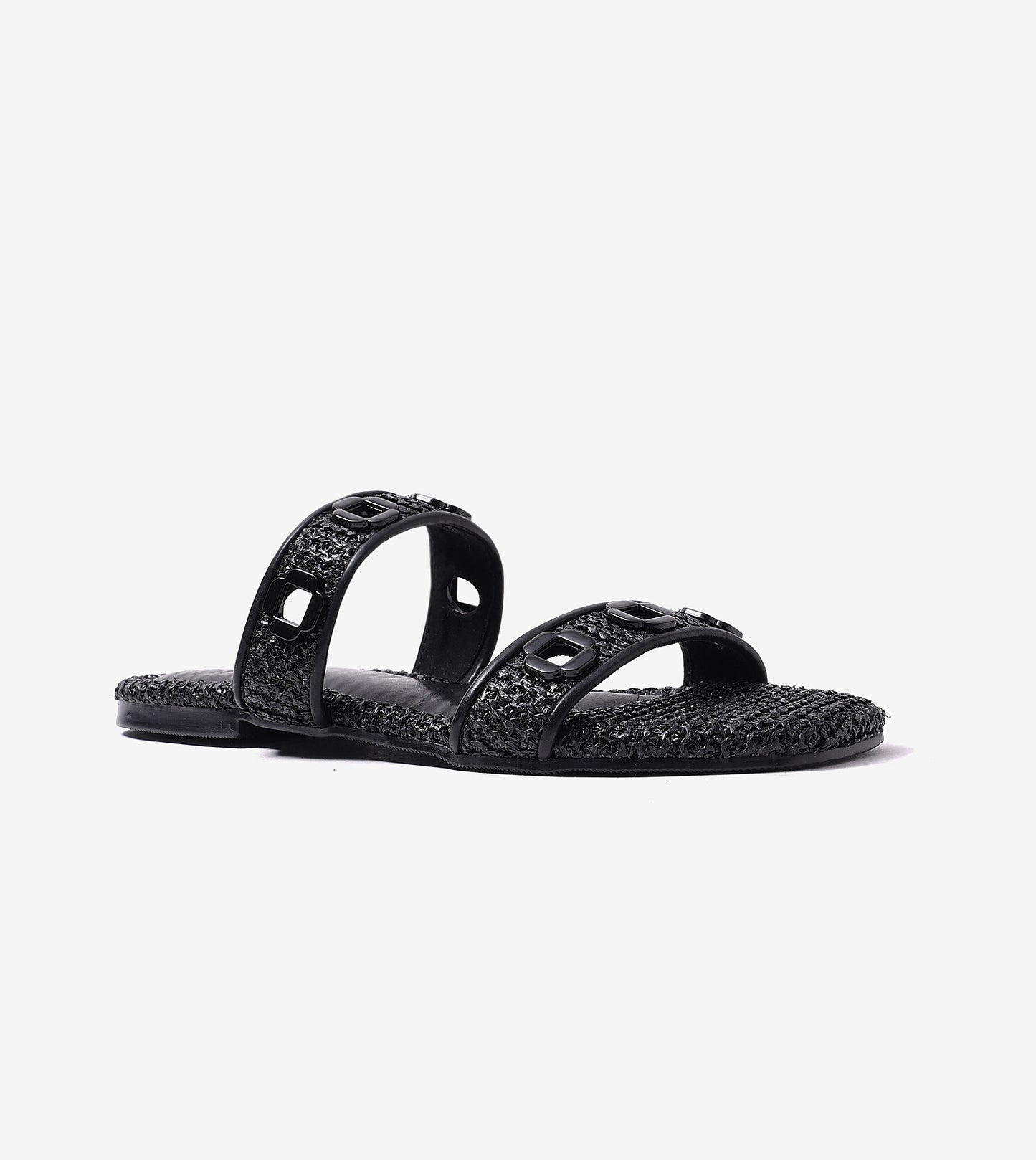 Double Strap Slide Sandals With Metal Adornment - Black
