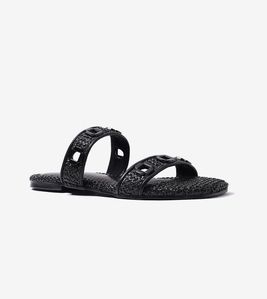 Double Strap Slide Sandals With Metal Adornment - Black