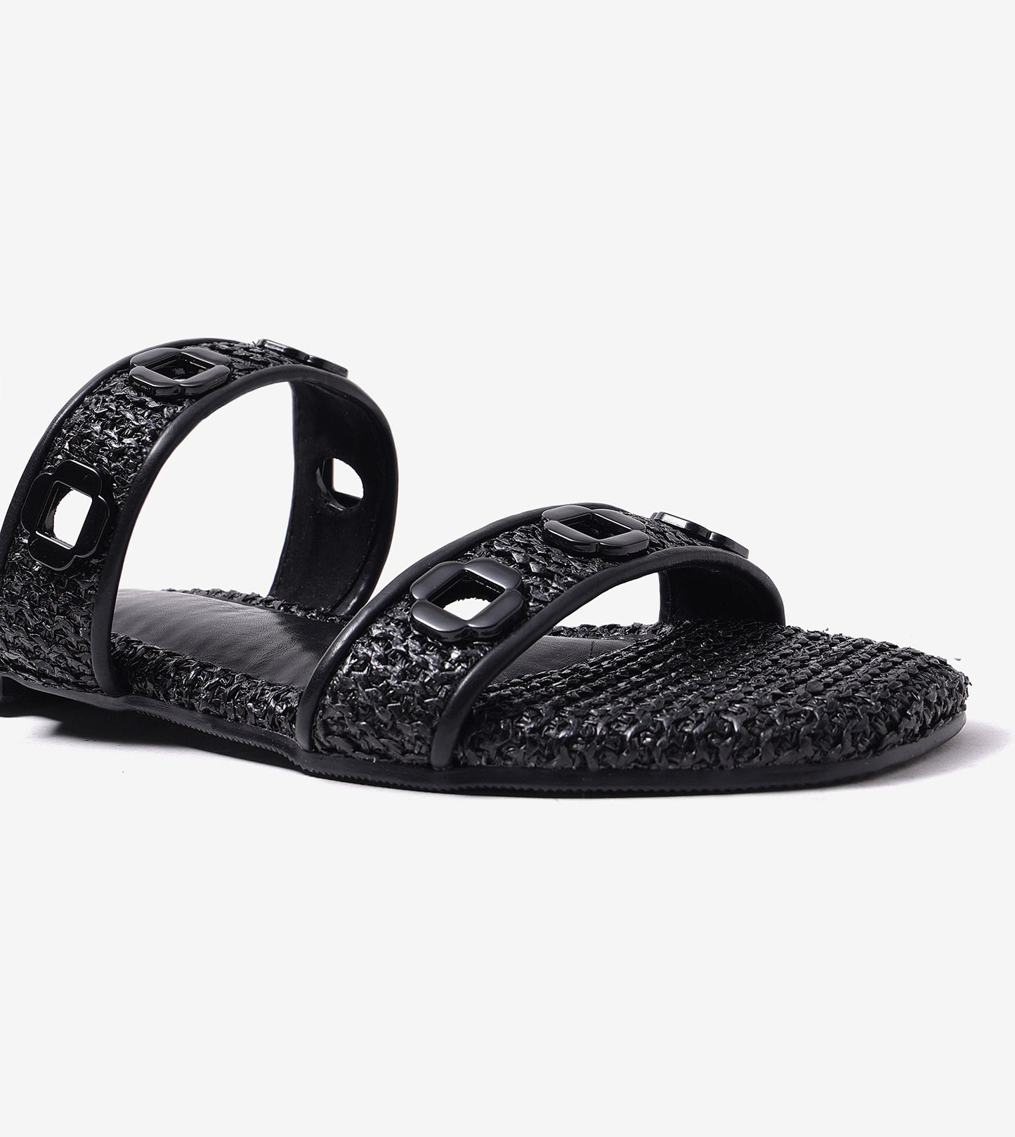 Double Strap Slide Sandals With Metal Adornment - Black