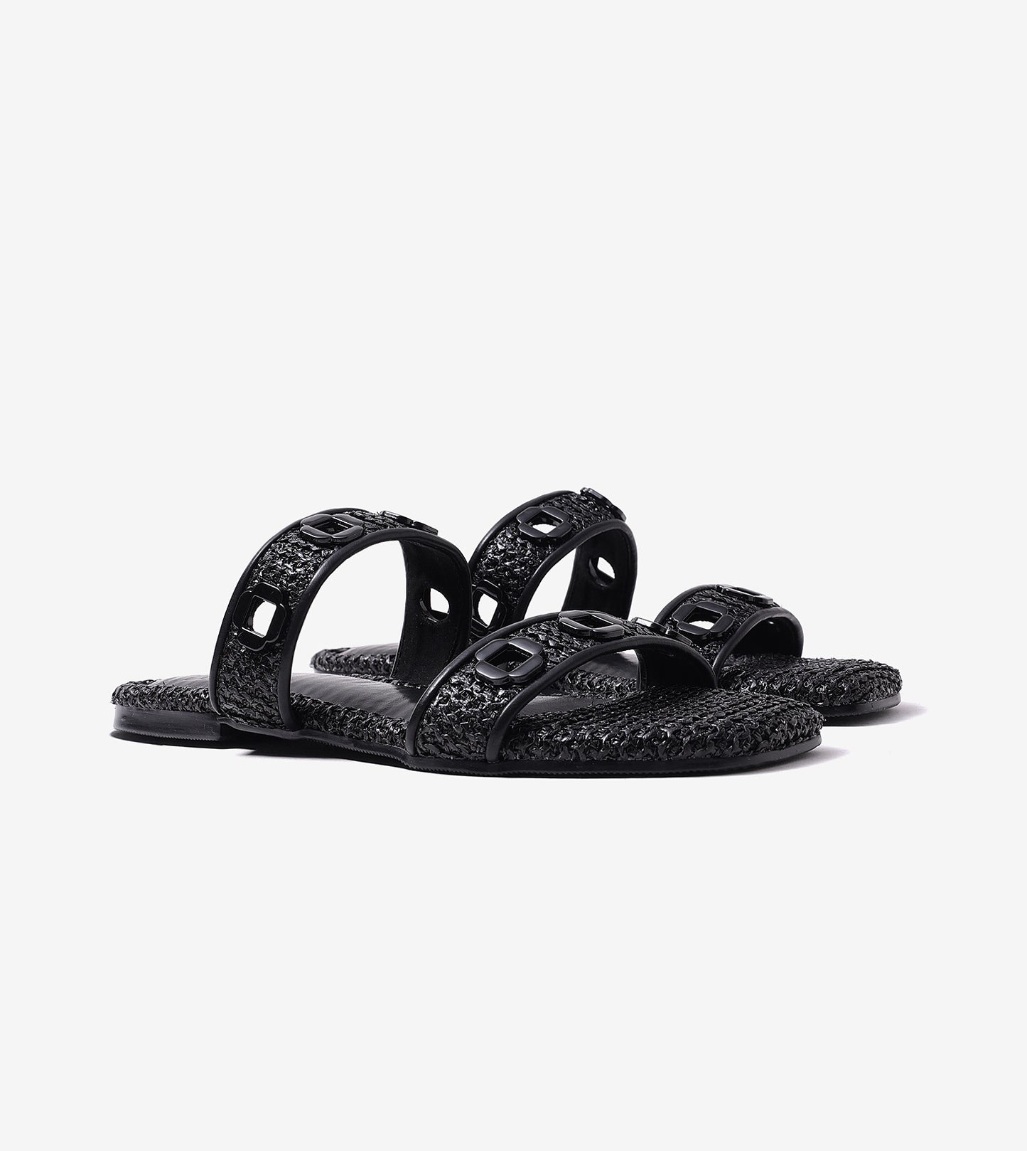 Double Strap Slide Sandals With Metal Adornment - Black