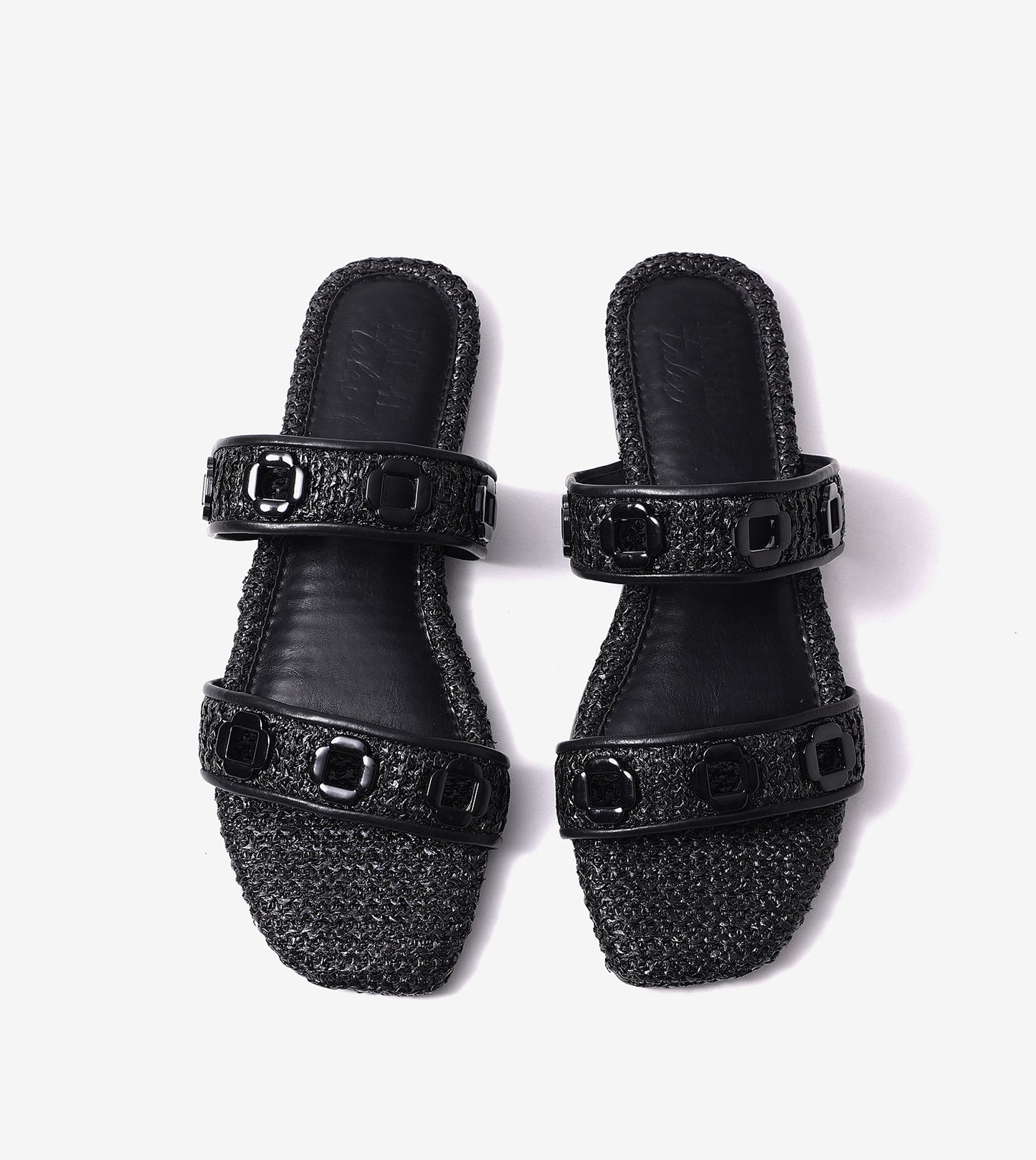 Double Strap Slide Sandals With Metal Adornment - Black