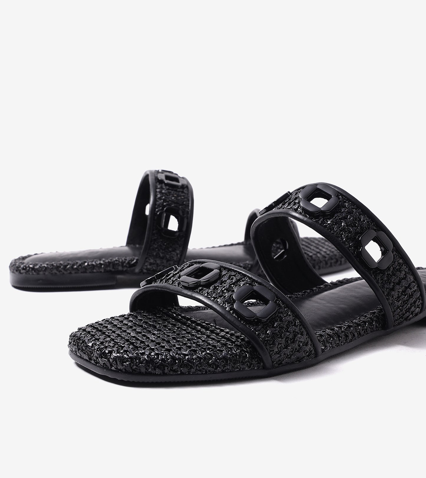 Double Strap Slide Sandals With Metal Adornment - Black