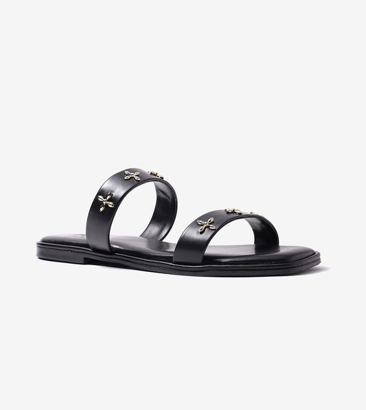 Double Strap Embellished Flat Sandals - Black