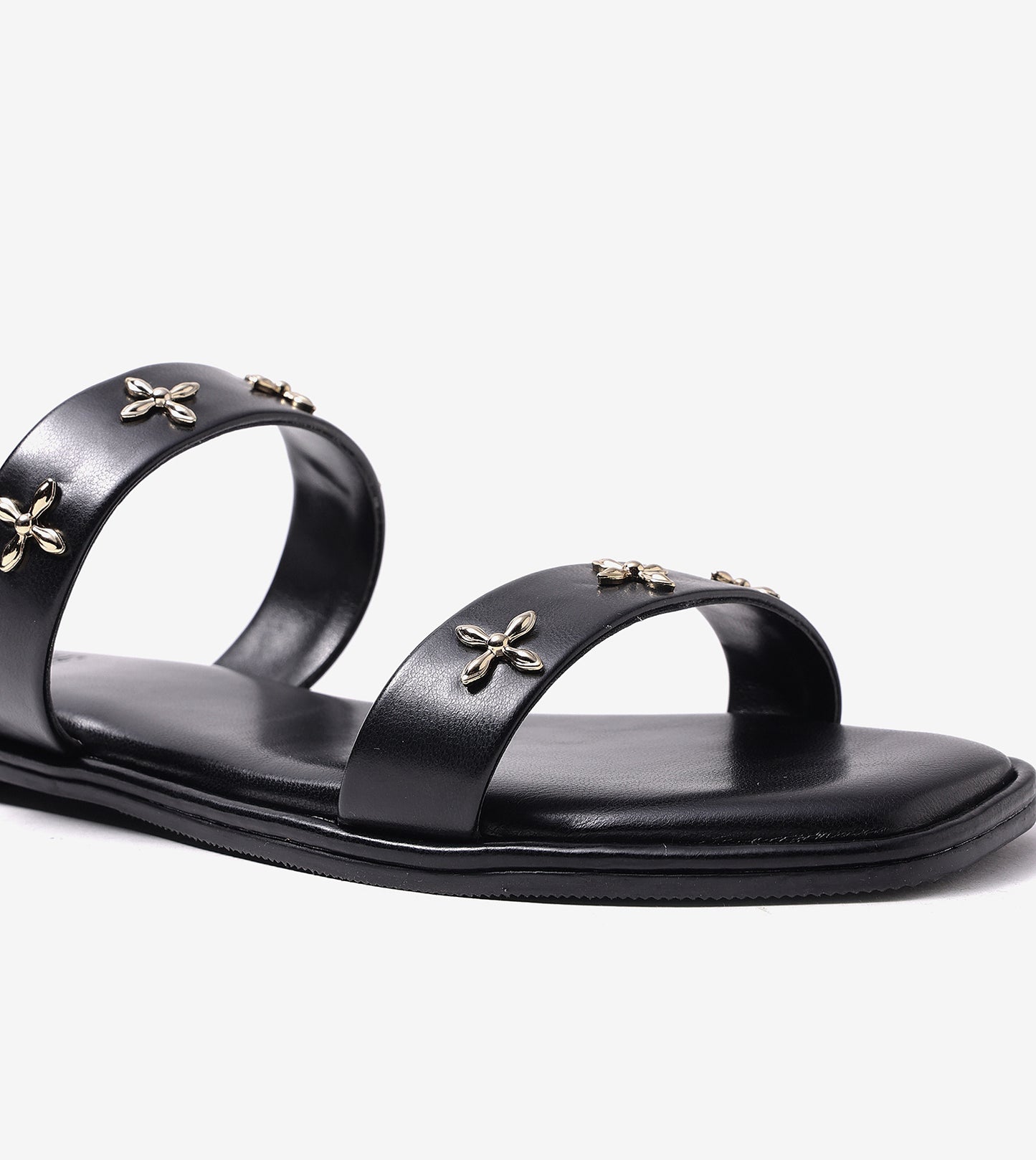 Double Strap Embellished Flat Sandals - Black