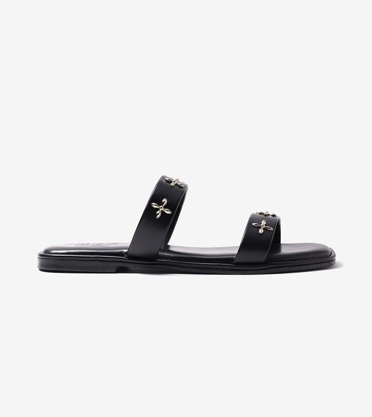 Double Strap Embellished Flat Sandals - Black