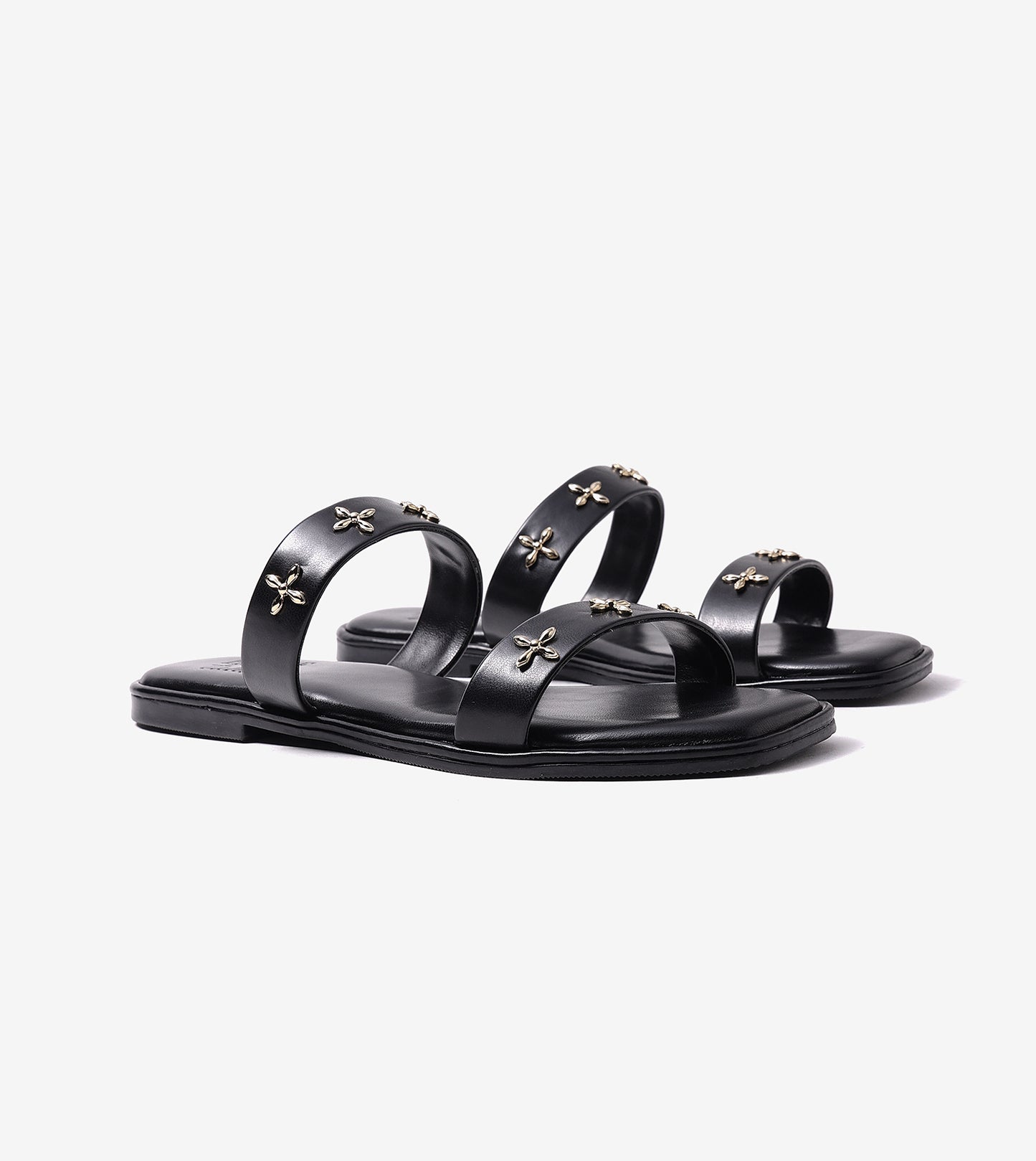 Double Strap Embellished Flat Sandals - Black