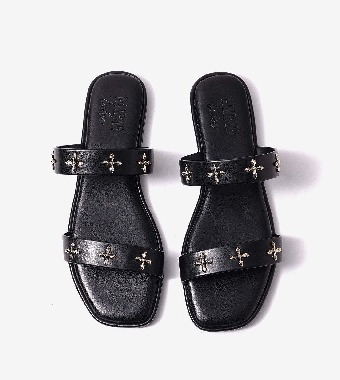 Double Strap Embellished Flat Sandals - Black